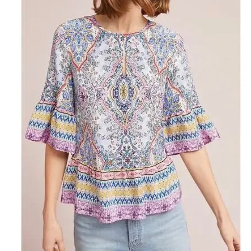 Anthropologie Kachel Lynn Silk Swing Ruffled Blouse Top 3/4 Bell Sleeves